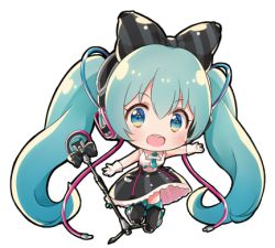 Rule 34 | 1girl, :d, bare shoulders, black bow, black footwear, black skirt, black thighhighs, blue eyes, blush, boots, bow, chibi, collared shirt, diagonal stripes, full body, gloves, green hair, green necktie, hair between eyes, hair bow, hatsune miku, headphones, long hair, looking at viewer, lowres, magical mirai (vocaloid), magical mirai miku, magical mirai miku (2016), melings (aot2846), microphone, microphone stand, necktie, open mouth, outstretched arm, round teeth, shirt, short necktie, simple background, skirt, sleeveless, sleeveless shirt, smile, solo, striped, striped bow, teeth, thigh boots, thighhighs, twintails, upper teeth only, very long hair, vocaloid, white background, white gloves, white shirt