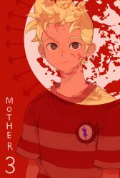 Rule 34 | 1boy, 9twoeight, absurdres, blonde hair, brown eyes, closed mouth, copyright name, highres, looking at viewer, lucas (mother 3), mother (game), mother 3, nintendo, short hair, short sleeves, solo, upper body