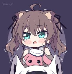 Rule 34 | 2girls, ahoge, animal ear fluff, animal ears, artist name, bare shoulders, black background, brown hair, brown shirt, cat ears, doll, fox ears, fox girl, green eyes, hair between eyes, hair ribbon, hairband, holding, holding doll, hololive, kukie-nyan, multiple girls, natsuiro matsuri, natsuiro matsuri (casual), open mouth, ribbon, scared, shirakami fubuki, shirt, simple background, sweatdrop, tearing up, twintails, virtual youtuber, white hair