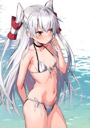Rule 34 | 1girl, absurdres, amatsukaze (kancolle), arm behind back, bare shoulders, bikini, blush, breasts, choker, closed mouth, collarbone, duplicate, front-tie bikini top, front-tie top, hair ornament, hand up, highres, kantai collection, long hair, navel, scan, side-tie bikini bottom, simple background, small breasts, solo, stomach, swimsuit, takanashi kei (hitsujikan), thighs, twintails, water, white hair