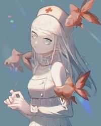 Rule 34 | 1girl, animal, artist name, blue background, blue eyes, blunt bangs, breasts, buttons, collar, collarbone, commentary, cross, dress, english commentary, fish, from side, glint, goldfish, hat, head tilt, highres, lemontea, long hair, long sleeves, looking at viewer, nurse, nurse cap, original, own hands together, parted lips, red cross, simple background, small breasts, solo, standing, upper body, white dress, white hair