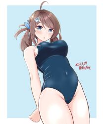 Rule 34 | 1girl, ahoge, ame-san, blue one-piece swimsuit, breasts, brown hair, chougei (kancolle), covered navel, cowboy shot, dated, from below, grey eyes, hair ornament, hair rings, hairclip, highres, kantai collection, large breasts, long hair, looking at viewer, one-piece swimsuit, school swimsuit, solo, swimsuit, twitter username