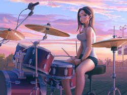 Rule 34 | 1girl, bench, black shorts, bo xun lin, brown hair, bubble tea, bubble tea challenge, cloud, cloudy sky, commentary, cup, cymbals, drink, drinking straw, drum, drum set, drumsticks, earbuds, earphones, english commentary, feet out of frame, highres, instrument, lamppost, long hair, microphone, original, outdoors, parted lips, plant, shorts, sitting, sky, solo, sunset, tank top