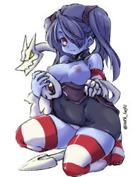 Rule 34 | 1girl, blue hair, blue skin, breasts, breasts out, colored skin, detached collar, detached sleeves, hair over one eye, highres, kneeling, leviathan (skullgirls), mtk hoshi, nipples, panties, red eyes, skeletal arm, skullgirls, smile, solo, squigly (skullgirls), stitched mouth, stitches, striped clothes, striped sleeves, striped thighhighs, thighhighs, twintails, underwear, upskirt, white background, zombie