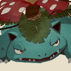 Rule 34 | bright pupils, claws, commentary request, creatures (company), game freak, gen 1 pokemon, leaf, looking to the side, nintendo, no humans, open mouth, plant, pokemon, pokemon (creature), red eyes, sharp teeth, solo, teeth, uninori, venusaur, vines, white pupils