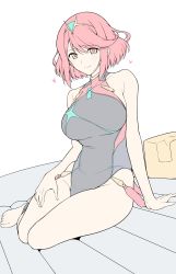 Rule 34 | 1girl, black one-piece swimsuit, breasts, competition swimsuit, covered collarbone, flat color, from side, full body, hair between eyes, halcon, halterneck, hand on own thigh, heart, highres, large breasts, legs together, nintendo, one-piece swimsuit, parted bangs, pyra (pro swimmer) (xenoblade), pyra (xenoblade), red eyes, red hair, short hair, simple background, sitting, smile, spoken heart, swept bangs, swimsuit, thighs, tiara, unfinished, white background, xenoblade chronicles (series), xenoblade chronicles 2