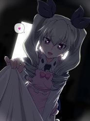 Rule 34 | 10s, 1girl, absurdres, anchovy (girls und panzer), apron, bed sheet, bow, drill hair, girls und panzer, grey hair, hair bow, heart, heart-shaped pupils, highres, looking at viewer, solo, spoken heart, symbol-shaped pupils, torietsu kurou, torikoshi kurou, twin drills