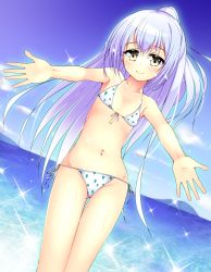 Rule 34 | 1girl, bikini, blue hair, blue sky, blush, closed mouth, cloud, collarbone, day, dutch angle, flat chest, flower knight girl, gluteal fold, hair between eyes, heart bikini, highres, long hair, looking at viewer, navel, outdoors, outstretched arms, ponytail, shirotaegiku (flower knight girl), side-tie bikini bottom, sky, smile, solo, standing, swimsuit, whether