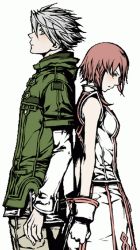 Rule 34 | 1boy, 1girl, back-to-back, bare shoulders, dress, feel, gloves, green jacket, height difference, jacket, juju, over zenith, red hair, short hair, short sleeves, silver hair, simple background, white background, white dress, white gloves
