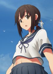 Rule 34 | 1boy, 1girl, admiral (kancolle), black hair, blue skirt, breasts, brown eyes, fubuki (kancolle), giant, giantess, gloves, hand on own hip, highres, jacket, kantai collection, kuro oolong, long sleeves, looking at another, medium hair, midriff, open mouth, outdoors, pleated skirt, pointing, ponytail, school uniform, serafuku, short sleeves, sidelocks, size difference, skirt, small breasts, standing on person, upper body, white gloves, white jacket