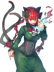 Rule 34 | 1girl, animal ears, blue fire, bow, braid, breasts, cat ears, cat tail, corset, dress, extra ears, fire, flaming skull, green dress, hair bow, heart, heart-shaped pupils, highres, kaenbyou rin, large breasts, long hair, melon22, multiple tails, nekomata, pointy ears, red eyes, red hair, ribbon, skull, solo, symbol-shaped pupils, tail, tongue, tongue out, touhou, twin braids, underbust, very long hair