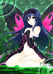 Rule 34 | 10s, 1girl, accel world, antenna hair, bare shoulders, black hair, breasts, bug, butterfly, butterfly wings, clothes lift, dress, dress lift, elbow gloves, gloves, hairband, high heels, insect, insect wings, kuroyukihime, long hair, navel, nipple slip, nipples, no panties, shoes, sitting, small breasts, solo, wariza, wings, yasakani an