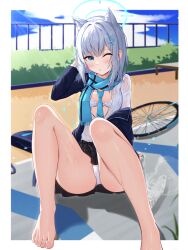 Rule 34 | 1girl, absurdres, animal ear fluff, animal ears, barefoot, blue archive, blue eyes, blush, bottle, bra, feet, highres, long hair, looking at viewer, one eye closed, open clothes, open shirt, panties, pantyshot, scarf, shiroko (blue archive), shirt, toes, underwear, water bottle, wet, wet clothes, wet shirt, white hair
