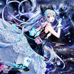 Rule 34 | 1girl, :d, aqua bow, back, bare shoulders, black bow, black dress, blue eyes, blue hair, boots, bow, breasts, broken, cable, city lights, cross-laced footwear, diamond (shape), dress, eyelashes, floating hair, flying, frills, glint, gloves, glowing, hair between eyes, hair bow, hatsune miku, headp, headphones, high heel boots, high heels, holding, long hair, looking at viewer, magical mirai (vocaloid), magical mirai miku, magical mirai miku (2016), mamenomoto, matching hair/eyes, microphone stand, midair, night, night sky, open mouth, outdoors, pantyhose, petticoat, print pantyhose, shards, sky, sleeveless, sleeveless dress, small breasts, smile, solo, star (sky), starry sky, thigh strap, too many, too many frills, twintails, unplugged, very long hair, vocaloid, white gloves, white pantyhose