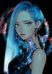 Rule 34 | 1girl, bare shoulders, blue eyes, blue hair, blue theme, earrings, expressionless, eyeshadow, from side, glowing, gradient hair, hair over shoulder, jewelry, lips, long hair, looking at viewer, makeup, multicolored hair, original, signature, solo, takenaka, upper body