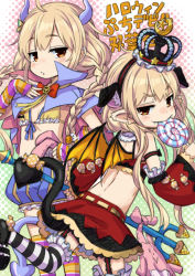 Rule 34 | 10s, 2girls, animal ears, bare shoulders, bat wings, bikini, bikini top only, blonde hair, blush, braid, brown eyes, candy, cape, crown, detached sleeves, fang, fingerless gloves, food, futaba anzu, gloves, hat, horns, idolmaster, idolmaster cinderella girls, kingin, lollipop, long hair, looking at viewer, multicolored stripes, multiple girls, pointy ears, polearm, shorts, skirt, smile, striped clothes, striped legwear, striped thighhighs, stuffed animal, stuffed rabbit, stuffed toy, swimsuit, tail, thighhighs, trident, twin braids, twintails, very long hair, weapon, wings