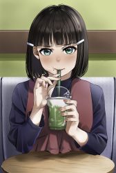Rule 34 | 1girl, absurdres, alternate hair length, alternate hairstyle, black hair, blue eyes, blush, drinking, hair ornament, highres, huge filesize, igarashi kyouhei, incredibly absurdres, kurosawa dia, looking at viewer, love live!, love live! sunshine!!, md5 mismatch, nail, on table, resolution mismatch, short hair, solo, sorbet, table
