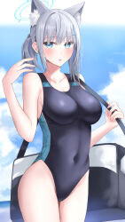 Rule 34 | 1girl, absurdres, animal ear fluff, animal ears, bag, black one-piece swimsuit, blue archive, blue eyes, blue sky, breasts, cloud, competition swimsuit, covered navel, cowboy shot, cross hair ornament, day, extra ears, grey hair, hair ornament, halo, highres, horizon, large breasts, low ponytail, medium hair, mismatched pupils, multicolored clothes, multicolored swimsuit, ocean, one-piece swimsuit, onemuikun-b, outdoors, shiroko (blue archive), shiroko (swimsuit) (blue archive), sky, solo, swimsuit, wolf ears