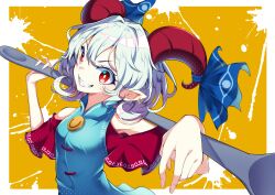 Rule 34 | 1girl, absurdres, blue dress, border, curly hair, detached sleeves, dress, earrings, highres, horn ornament, horn ribbon, horns, jewelry, meandros, oversized object, patterned clothing, pointy ears, red eyes, red horns, red sleeves, ribbon, sharp teeth, sheep horns, simple background, solo, splatter print, teeth, touhou, toutetsu yuuma, utensil, white border, white hair, yamanakaume, yellow background