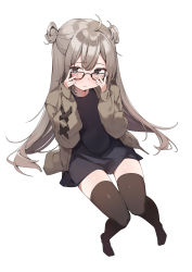 Rule 34 | 1girl, absurdres, adjusting eyewear, ahoge, black dress, black eyes, blush, brown hair, brown jacket, brown thighhighs, closed mouth, commentary request, double bun, dress, from above, full body, glasses, hair bun, hands up, highres, invisible chair, jacket, knees together feet apart, long hair, long sleeves, looking at viewer, no shoes, open clothes, open jacket, original, shin no tenpii, simple background, sitting, solo, thighhighs, very long hair, white background