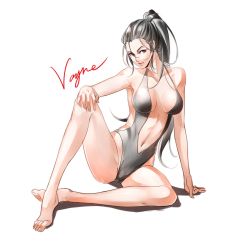 Rule 34 | 1girl, alternate costume, arm support, bare legs, bare shoulders, black hair, breasts, hand on own knee, hikarusorano, impossible clothes, large breasts, league of legends, long hair, navel, one-piece swimsuit, parted lips, ponytail, revealing clothes, simple background, sitting, sketch, smile, solo, swimsuit, vayne (league of legends), very long hair