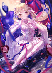 Rule 34 | 1girl, absurdres, balloon, black nails, blonde hair, blurry, blurry background, blush, breasts, commentary request, detached sleeves, dress, fishnets, frilled dress, frills, gem, heart, heart hands, heterochromia, highres, kappe reeka, light smile, looking at viewer, medium breasts, nail polish, off-shoulder dress, off shoulder, official art, orange eyes, pink eyes, pink ribbon, ribbon, shoes, sitting, white dress, white footwear, wide sleeves