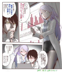 Rule 34 | 1boy, 1girl, black hair, blush, breasts, brown eyes, chart, cleavage, comic, downblouse, glasses, green eyes, lab coat, long hair, open mouth, original, pantyhose, ponytail, shirt, short hair, silver hair, skirt, translation request, yamamoto arifred