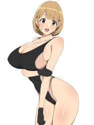 Rule 34 | 10s, 1girl, breasts, brown eyes, brown hair, cleavage, competition swimsuit, covered erect nipples, gloves, hair ornament, hairclip, half gloves, highleg, highleg swimsuit, highres, kagemusha, large breasts, narusawa ryouka, occultic;nine, one-piece swimsuit, short hair, smile, solo, standing, swimsuit
