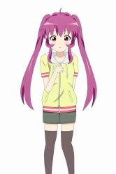 Rule 34 | 1girl, hood, hoodie, purple eyes, purple hair, shippo (shishizaru), solo, sugiura ayano, thighhighs, twintails, yuru yuri