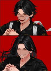 Rule 34 | 1boy, baji keisuke, bandage on face, bandages, bandaid, bandaid on face, bandaid on nose, black hair, black jacket, blood, blood from mouth, blood on face, brown eyes, fist in hand, grin, highres, jacket, long hair, long sleeves, looking away, male focus, open mouth, parted bangs, red background, short hair, simple background, smile, sriokorr, teeth, tokyo revengers, twitter username, upper body, variations