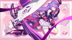 Rule 34 | 1girl, bare shoulders, book, breasts, character name, chinese commentary, detached sleeves, doughnut, food, gloves, hair between eyes, highres, honkai (series), honkai impact 3rd, long hair, looking at viewer, navel, official art, official wallpaper, pink gloves, purple hair, scissors, sirin (miracle magical girl), skirt, small breasts, smile, solo, star (symbol), symbol-shaped pupils, v, very long hair, weapon, white skirt, x-shaped pupils, yellow eyes