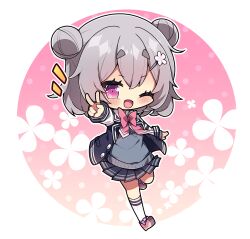 Rule 34 | 1girl, ;d, black jacket, black skirt, bow, chibi, collared shirt, commentary request, double bun, floral background, flower, full body, grey hair, hair between eyes, hair bun, hair flower, hair ornament, hairclip, highres, jacket, koharu rikka, letterman jacket, long sleeves, looking at viewer, milkpanda, notice lines, one eye closed, open clothes, open jacket, open mouth, outstretched arm, pink background, pink bow, pink footwear, pleated skirt, purple eyes, ribbed legwear, round image, school uniform, shirt, shoes, short eyebrows, skirt, smile, socks, solo, sweater vest, synthesizer v, thick eyebrows, two-tone background, v, white background, white flower, white shirt, white socks