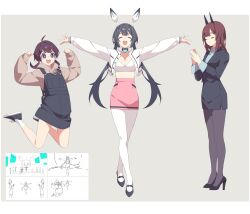 Rule 34 | 3girls, absurdres, breasts, brown hair, cleavage, closed eyes, djmax, hair ornament, high heels, highres, jacket, lena (djmax), low twintails, mamo c, manager (djmax), medium breasts, multiple girls, non-web source, office lady, pantyhose, pencil skirt, play (djmax), short hair, skirt, smile, twintails