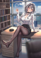 Rule 34 | 1girl, alternate costume, arm support, ashtray, belt, belt collar, black belt, black hair, black pantyhose, black skirt, blurry, blush, book, bookshelf, braid, breasts, button gap, chair, cigarette, cityscape, cleavage, collar, collared shirt, commentary, depth of field, desk, drawer, dress shirt, english commentary, feet, foot up, full body, grey hair, grin, hair ornament, heart, highres, holding, holding cigarette, hololive, indoors, large breasts, leaning back, legs, long sleeves, looking at viewer, miniskirt, multicolored hair, nail polish, no shoes, office, office chair, office lady, on desk, pantyhose, pencil skirt, red eyes, red nails, s2mias2, sakamata chloe, see-through, see-through legwear, shirt, shirt tucked in, short hair, sidelocks, sitting, skirt, smile, smoke, smoking, soles, streaked hair, swivel chair, taut clothes, taut shirt, thighs, two-tone hair, virtual youtuber, white shirt, window, x hair ornament