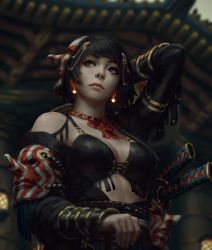 Rule 34 | 1girl, absurdres, arm up, armlet, armor, bikini, bikini top only, bikini under clothes, black bikini, black hair, black kimono, blue eyes, blurry, blurry background, breasts, building, cleavage, closed mouth, depth of field, earrings, from below, glowing, glowing earrings, guweiz, highres, japanese armor, japanese clothes, jewelry, katana, kimono, lips, long sleeves, looking to the side, looking up, mask, mask on head, medium breasts, neck ribbon, nose, off shoulder, open clothes, open kimono, original, pagoda, red ribbon, ribbon, sheath, sheathed, short hair, single bare shoulder, smile, solo, swimsuit, sword, tengu mask, vambraces, weapon