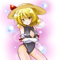 Rule 34 | 1girl, blonde hair, elbow gloves, front zipper swimsuit, gloves, hat, kana anaberal, meme attire, one-piece swimsuit, short hair, swimsuit, touhou, touhou (pc-98), tsunogiri, yellow eyes