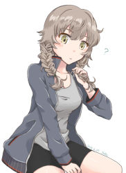 Rule 34 | 1girl, 30re, ?, amane suzuha, between legs, black shorts, blue jacket, braid, breasts, brown hair, green eyes, hand between legs, jacket, open clothes, open jacket, shirt, shorts, side braids, simple background, sitting, small breasts, solo, steins;gate, track jacket, twin braids, white background