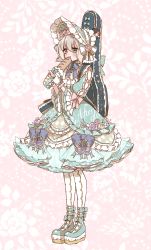 Rule 34 | 1girl, ankle strap, aoba moca, aqua bow, aqua dress, aqua eyes, aqua footwear, baguette, bang dream!, blue ribbon, bonnet, bow, bread, character charm, character doll, charm (object), clothes writing, dress, eating, floral background, flower, food, frilled dress, frilled sleeves, frills, full body, gloves, grey hair, group name, guitar case, holding, holding food, instrument case, jewelry, lolita fashion, long sleeves, mamaloni, mitake ran, pantyhose, pink background, pink bow, pink flower, platform footwear, purple flower, ribbon, ribbon trim, ring, shoes, short hair, solo, standing, sweet lolita, white gloves, white pantyhose, yellow flower