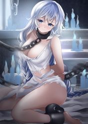 Rule 34 | 1girl, arms behind back, ass, avrora (azur lane), avrora (shackled saule) (azur lane), azur lane, bare shoulders, bdsm, blue eyes, blurry, blush, bondage, bound, braid, breasts, candle, chain, chained, cleavage, closed mouth, collar, collarbone, commentary request, cuffs, dress, dungeon, hair between eyes, highres, large breasts, leash, long hair, looking at viewer, manjirou (manji illust), metal collar, motion blur, nose blush, restrained, revision, shackles, sidelocks, silver hair, sitting, slave, solo, stairs, torn clothes, torn dress, twin braids, very long hair, white dress, yokozuwari