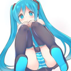 Rule 34 | 1girl, black skirt, black thighhighs, blue eyes, blue hair, blush, closed mouth, detached sleeves, from below, hands on own knees, hatsune miku, highres, long hair, looking at viewer, ochazuke, own hands together, panties, pleated skirt, shoes, simple background, skirt, solo, squatting, striped clothes, striped panties, thighhighs, twintails, underwear, very long hair, vocaloid, white background