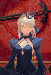 Rule 34 | 1girl, ahoge, artoria pendragon (all), artoria pendragon (fate), black skirt, breasts, cleavage, closed mouth, collarbone, crown, excalibur morgan (fate), fate/stay night, fate (series), highres, long hair, long sleeves, looking at viewer, medium breasts, mini crown, red background, saber alter, shrug (clothing), silver hair, skirt, skirt set, solo, tr (hareru), yellow eyes