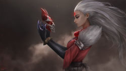 Rule 34 | armlet, artist name, bead necklace, beads, blood moon diana, breasts, cheesewoo, claws, diana (league of legends), floating hair, from side, fur-trimmed sleeves, fur trim, gauntlets, highres, holding, holding mask, horned mask, japanese clothes, jewelry, league of legends, lips, long hair, mask, unworn mask, necklace, profile, red eyes, rope belt, solo, spiked armlet, white hair, wrist guards