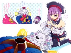 Rule 34 | 10s, 1girl, 2boys, bad id, bad twitter id, beret, bow, comb, detached sleeves, fate/extra, fate/extra ccc, fate/grand order, fate (series), hair bow, hairdressing, hat, helena blavatsky (fate), karna (fate), light bulb, mane, multiple boys, purple hair, shio (040sio), sitting, thighhighs, thomas edison (fate), translation request, white hair, zettai ryouiki