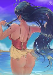 Rule 34 | 1girl, artist name, ass, back, bare shoulders, blue eyes, blue hair, braid, breasts, commentary, cowboy shot, english commentary, fire emblem, fire emblem: the sacred stones, fire emblem heroes, highres, long hair, looking away, medium breasts, nintendo, ocean, official alternate costume, one-piece swimsuit, partially submerged, ponytail, revolverwing, sideboob, sleeveless, solo, swimsuit, tana (fire emblem), tana (summer) (fire emblem), thong, very long hair