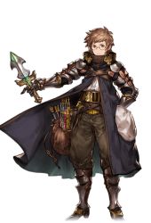 Rule 34 | 10s, 1boy, alchemist (granblue fantasy), alpha transparency, bespectacled, black gloves, brown eyes, brown hair, coat, dagger, full body, gauntlets, glasses, gloves, gran (granblue fantasy), granblue fantasy, hand in pocket, holding, holding weapon, knife, male focus, minaba hideo, official art, pants, pointing, pouch, round eyewear, solo, test tube, transparent background, weapon