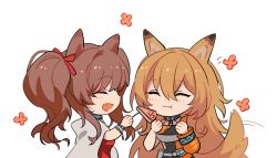 Rule 34 | 2girls, :d, :t, ^ ^, angelina (arknights), angelina (summer flower) (arknights), animal ears, arknights, black choker, brown hair, cake, ceobe (arknights), ceobe (summer flowers) (arknights), chibi, choker, closed eyes, commentary request, fang, food, fox ears, infection monitor (arknights), long hair, multiple girls, official alternate costume, open mouth, simple background, smile, spacelongcat, swimsuit cover-up, twintails, upper body, very long hair, white background