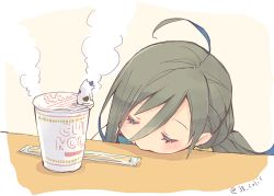 Rule 34 | 1girl, ahoge, chopsticks, closed eyes, colis, commentary request, grey hair, kantai collection, kiyoshimo (kancolle), long hair, nissin cup noodle, sleeping, solo, trophy, twintails, twitter username, upper body, very long hair
