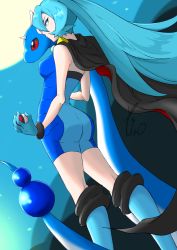 Rule 34 | 1girl, ass, black cape, blue bodysuit, blue eyes, blue footwear, blue hair, bodysuit, boots, breasts, cape, clair (pokemon), closed mouth, commentary, creatures (company), dragonair, eyelashes, from below, game freak, gen 1 pokemon, highres, holding, holding poke ball, kneepits, leaning back, long hair, nintendo, poke ball, poke ball (basic), pokemon, pokemon (creature), pokemon hgss, ponytail, yao (evep3835)