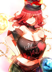 Rule 34 | 1girl, bare shoulders, black choker, black shirt, blue skirt, breasts, chain, choker, cleavage, clothes writing, collarbone, commentary, crop top, earrings, earth (ornament), gradient background, green skirt, hair over one eye, hand on own hip, heart, hecatia lapislazuli, highres, jewelry, large breasts, long hair, looking at viewer, midriff, moon (ornament), multicolored clothes, multicolored skirt, navel, no nose, off-shoulder shirt, off shoulder, pink background, plaid, plaid skirt, raptor7, red eyes, red hair, red skirt, shirt, short sleeves, skirt, smile, solo, t-shirt, touhou, white background