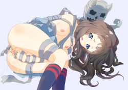 Rule 34 | 10s, 1girl, anal, anal fingering, ass, bad id, bad pixiv id, bandages, bare shoulders, blue eyes, breasts, brown hair, drooling, female masturbation, fingering, forced, forced masturbation, kyoukai no kanata, long hair, lying, masturbation, meiouseijin, monster, nipples, no bra, no panties, nude, on side, pleated skirt, pussy, pussy juice, shindou ai, simple background, skirt, small breasts, solo, topless, traditional youkai, uncensored, vaginal